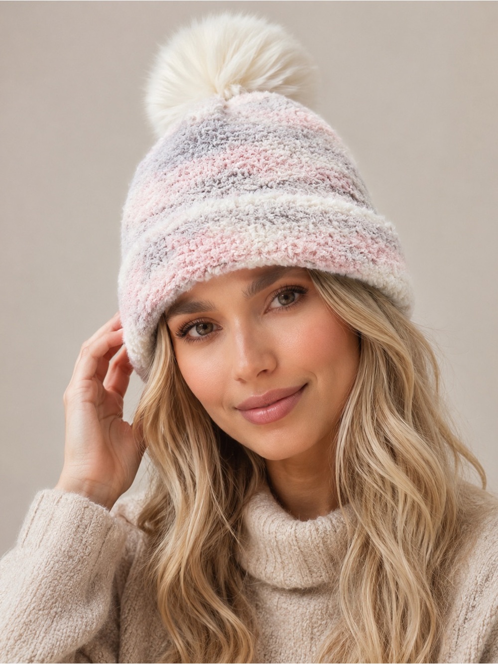 NWT Jenni Soft Pastel Beanie Pom Pom Hat Pink Gray One Size
